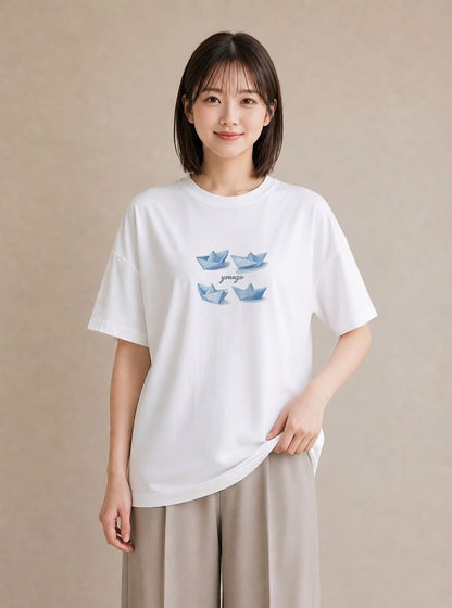 グラフィックTシャツ レディース 紙の船 水辺 ナチュラル アンティーク イラスト ミニマル 社会人 女性 白T
