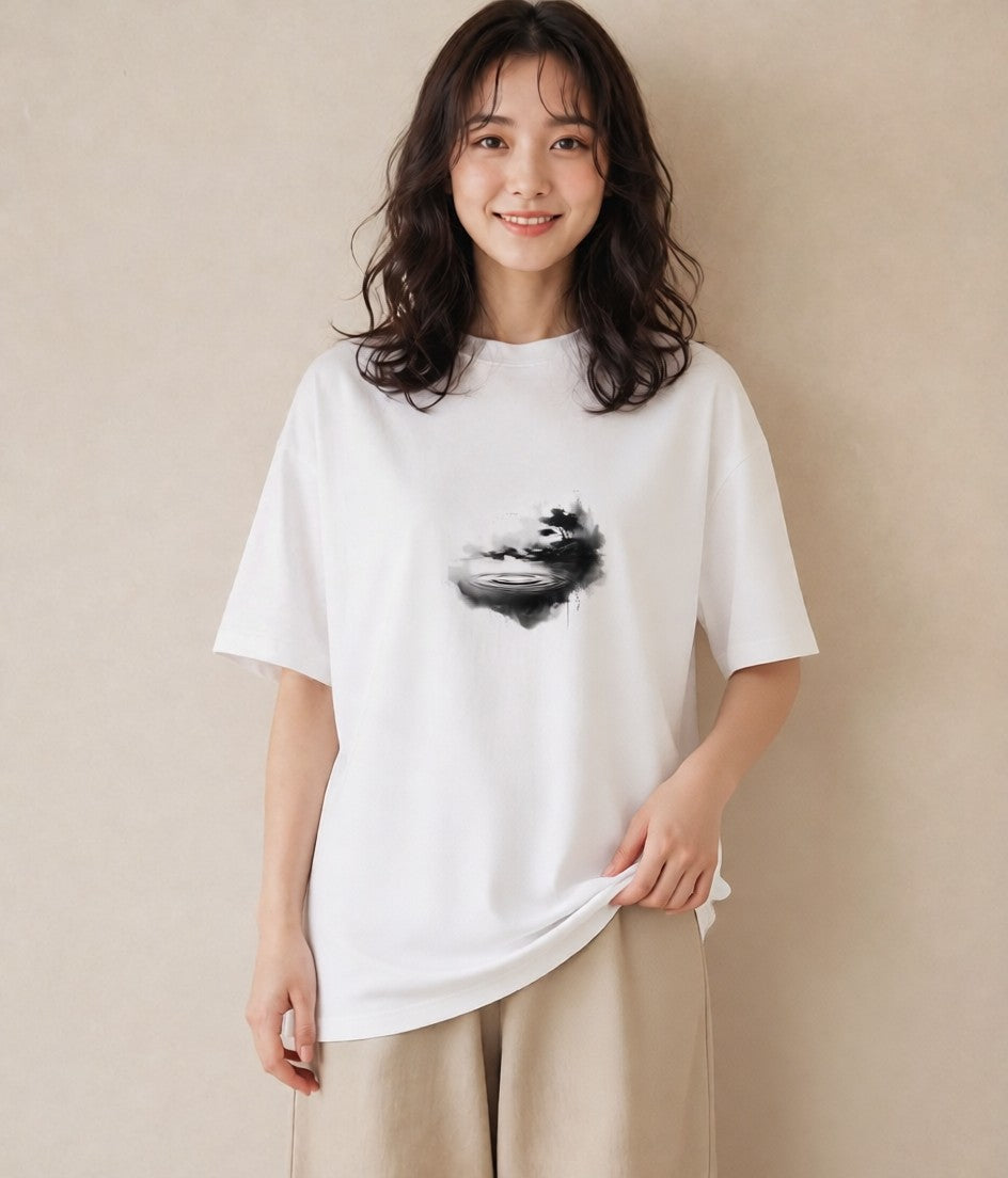 デザインTシャツ レディース 青の水彩 風景 ブルー ナチュラル アンティーク イラスト 海 カフェ巡り 白T
