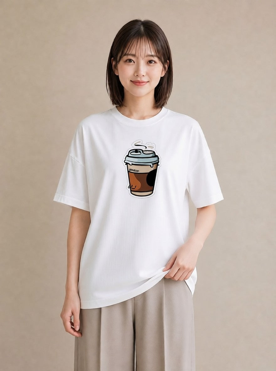 Tシャツ レディース コーヒー 珈琲 カフェ 食べ物 フード イラスト 抜け感 デイリーウェア 休日 白T