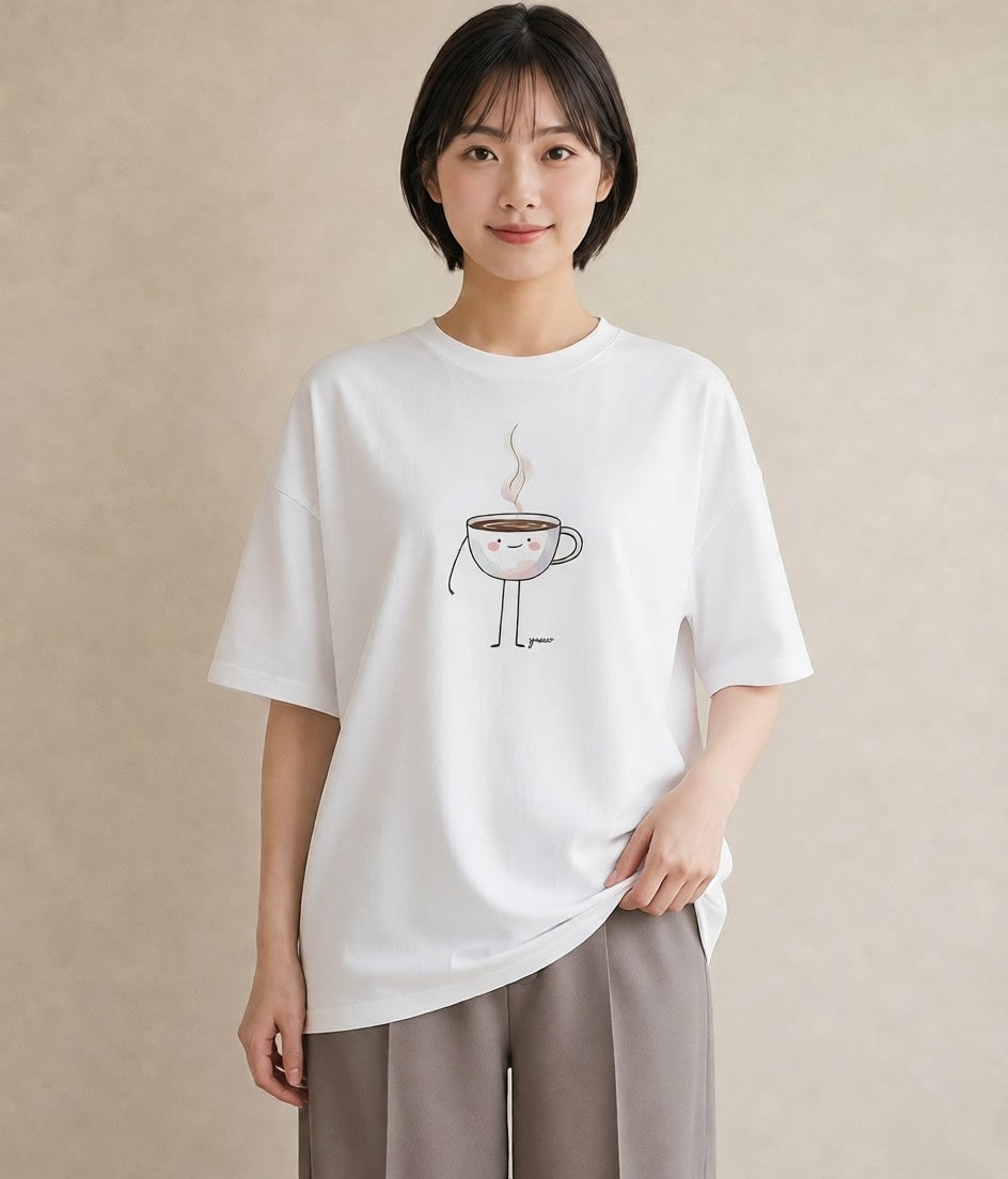 プリントTシャツ レディース コーヒー カフェ 珈琲 イラスト ガーリー 休日 ペアコーデ 白T