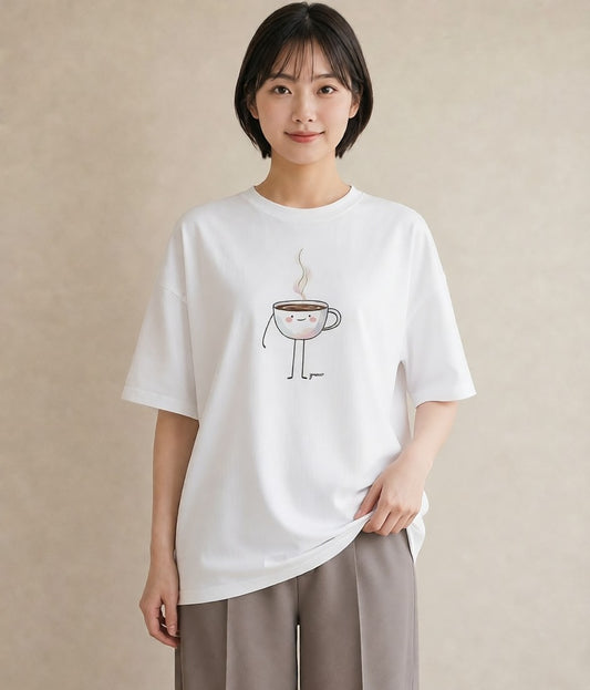 プリントTシャツ レディース コーヒー カフェ 珈琲 イラスト ガーリー 休日 ペアコーデ 白T
