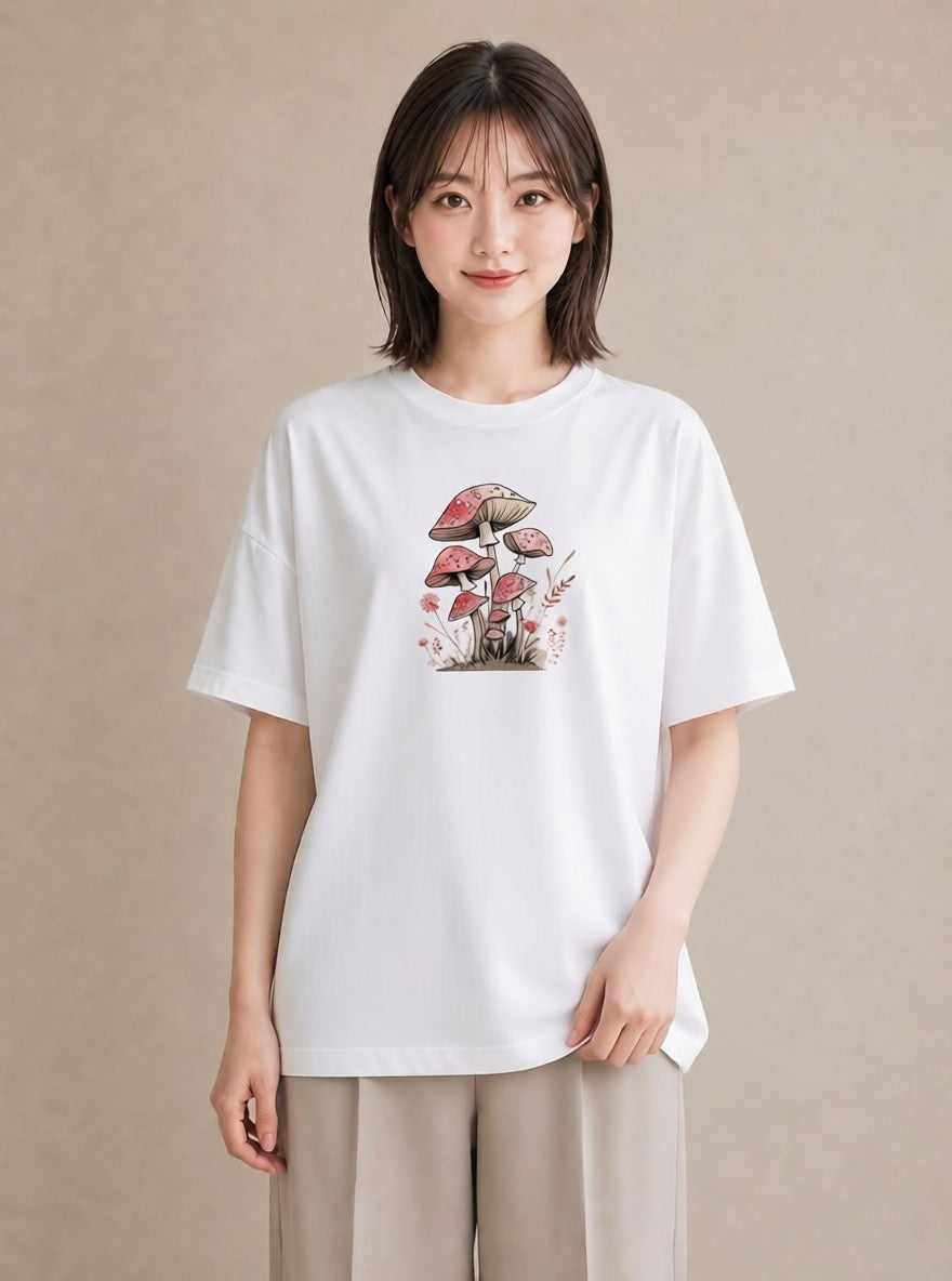 Tシャツ レディース きのこ 植物 ボタニカル イラスト 線画 自分用 ルームウェア 白T