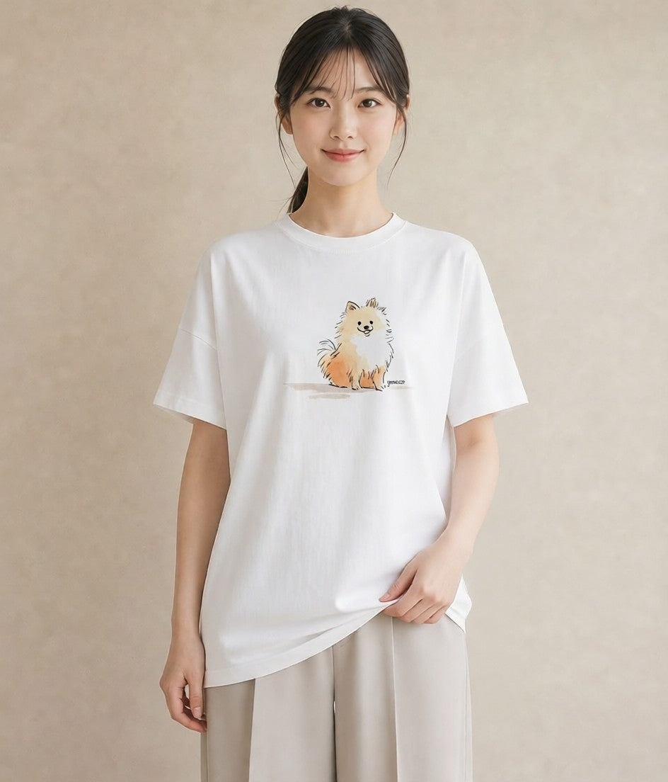 グラフィックTシャツ レディース ポメラニアン ポメ 犬 いぬ イラスト 水彩風 母の日 ビーチ 白T