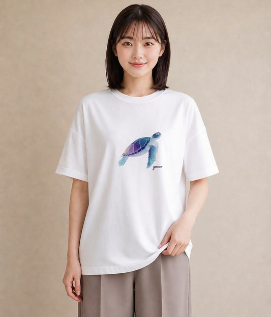 半袖Tシャツ レディース ウミガメ 海の生き物 海 イラスト ゆるかわ ギフト 母の日 白T