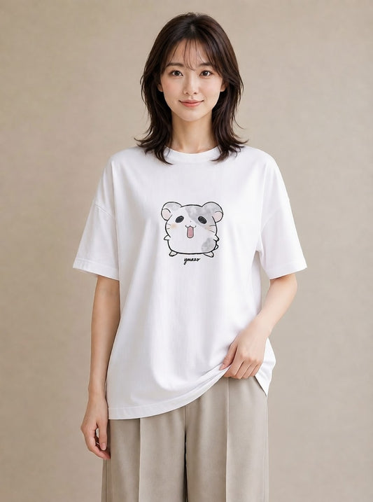 デザインTシャツ レディース チンチラ ペット 動物 イラスト 線画 レイヤード 友達ギフト 白T