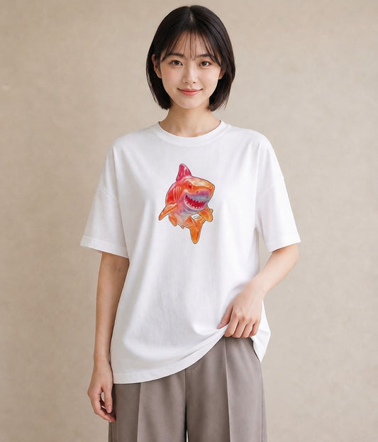 半袖Tシャツ レディース サメ 海の生き物 海 イラスト ニュアンス 女性 旅行用 白T