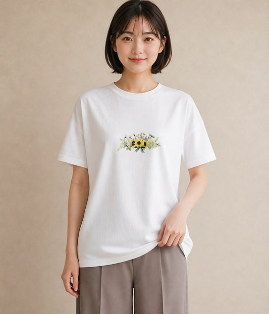 Tシャツ レディース ひまわり 向日葵 花 花柄 イラスト 可愛い 公園 ママ 白T