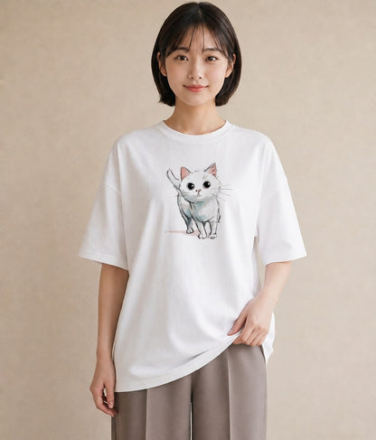 Tシャツ レディース 白猫 猫 ねこ イラスト ユニーク 姉妹 送別ギフト 白T