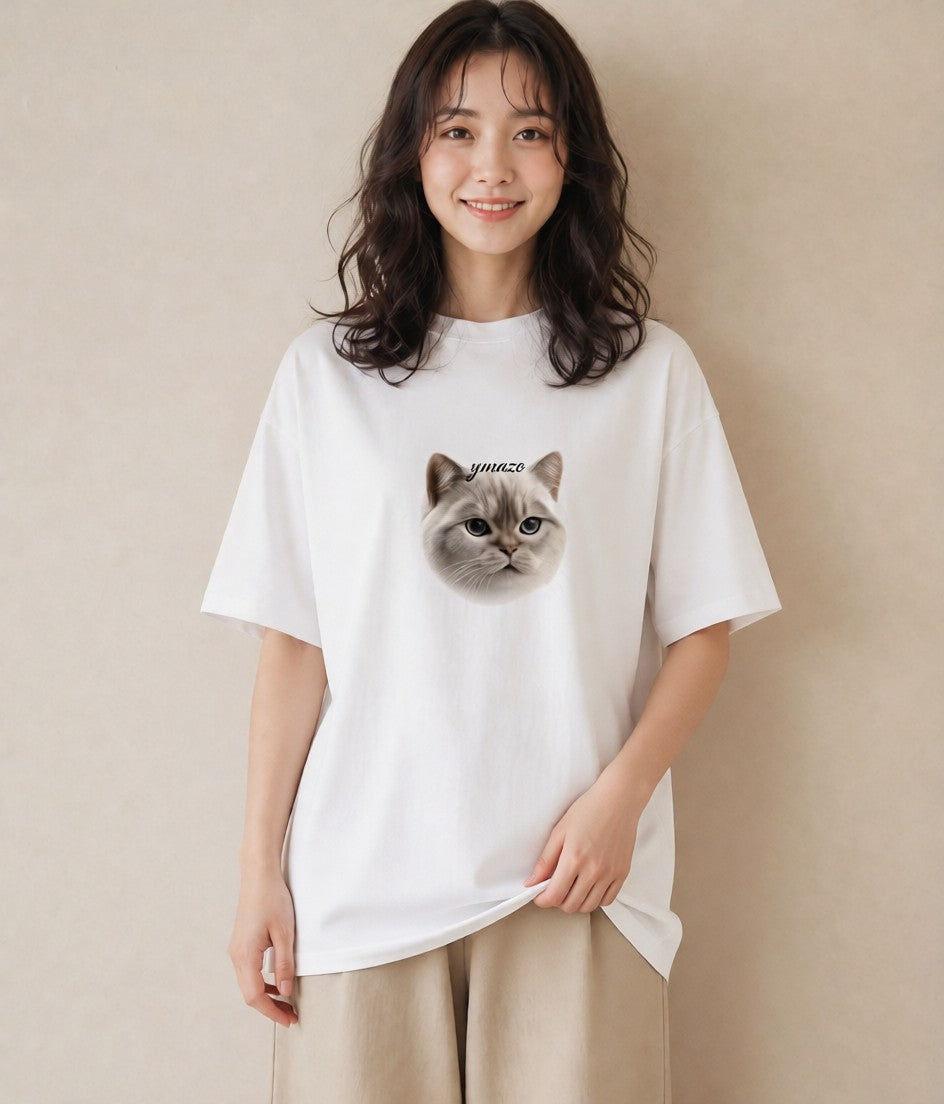 プリントTシャツ レディース シャム柄 猫 ねこ イラスト きれいめカジュアル 春服 ミセス 白T