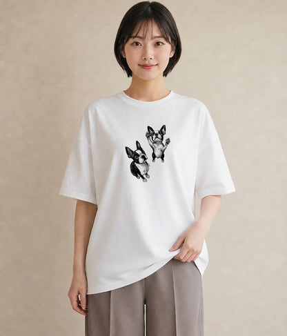 半袖Tシャツ レディース ボストンテリア 犬 いぬ イラスト ヴィンテージ風 秋コーデ おしゃれギフト 白T