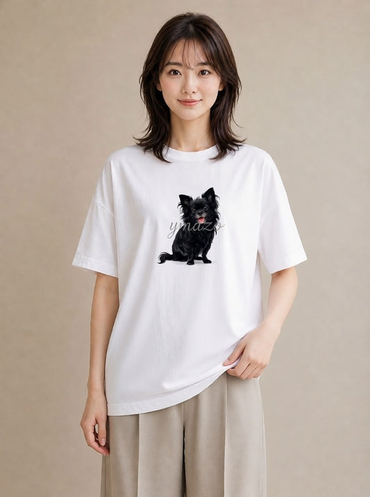 半袖Tシャツ レディース ロングコートチワワ 犬 いぬ イラスト きれいめカジュアル 春コーデ 姉妹 白T