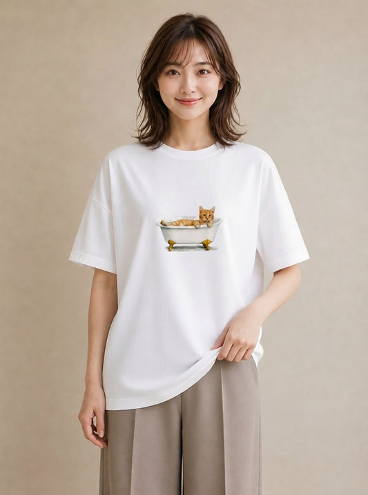 プリントTシャツ レディース 茶トラ 茶猫 猫 ねこ イラスト 北欧風 デイリーウェア 休日 白T