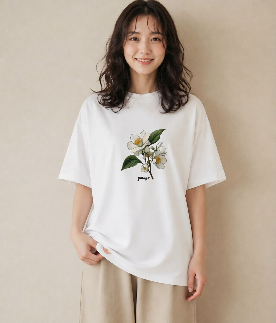 デザインTシャツ レディース 椿 花 花柄 イラスト ポップ 夏コーデ 通学 白T