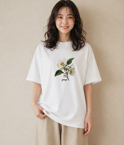 デザインTシャツ レディース 椿 花 花柄 イラスト ポップ 夏コーデ 通学 白T