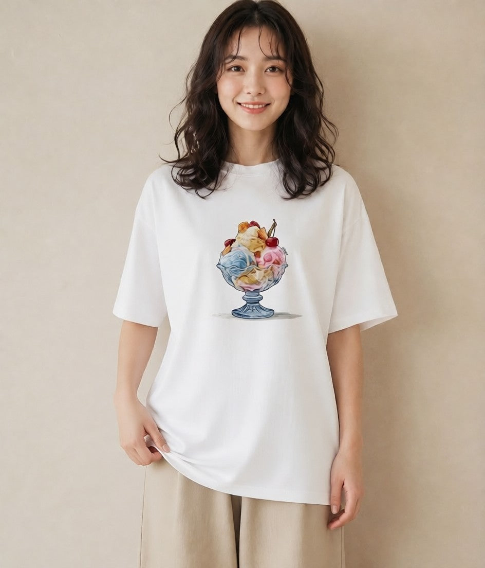 半袖Tシャツ レディース アイス 食べ物 フード イラスト 上品 カフェ巡り 女子会 白T