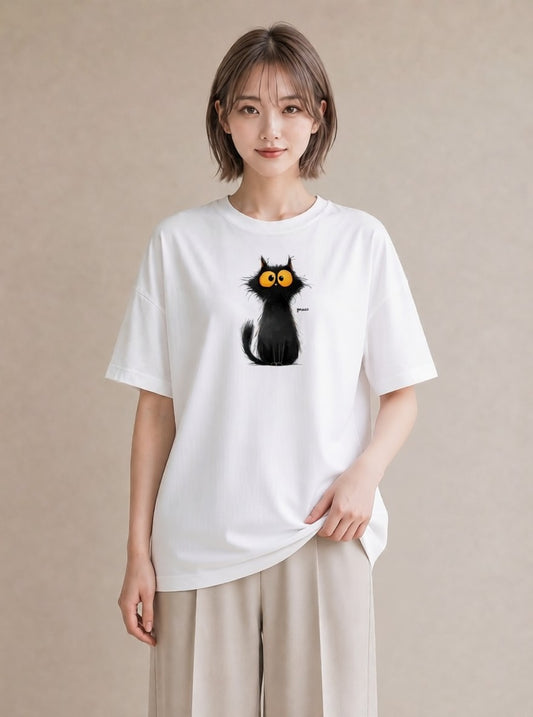Tシャツ レディース 黒猫 猫 ねこ イラスト フェミニン 散歩 お出かけ 白T