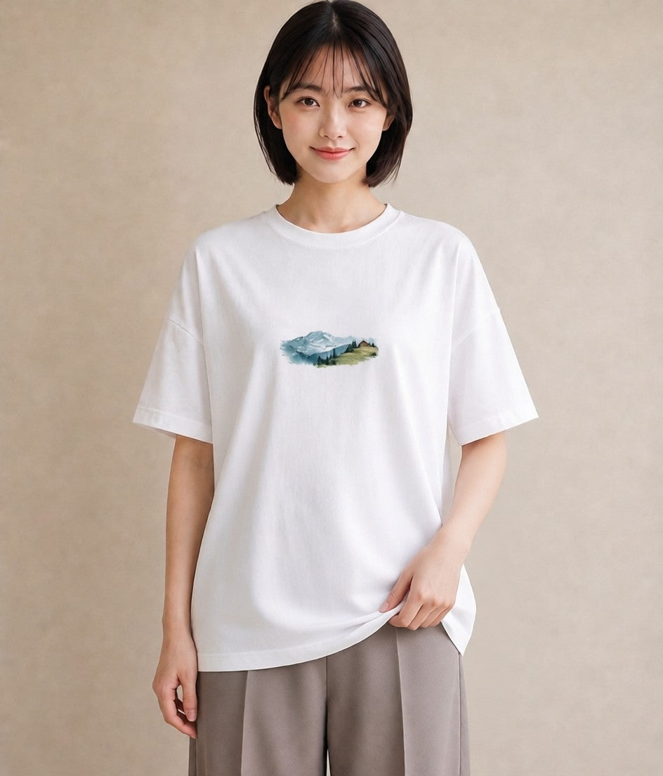 グラフィックTシャツ レディース 山 星空 宇宙 イラスト ラフカジュアル 母の日 ビーチ 白T