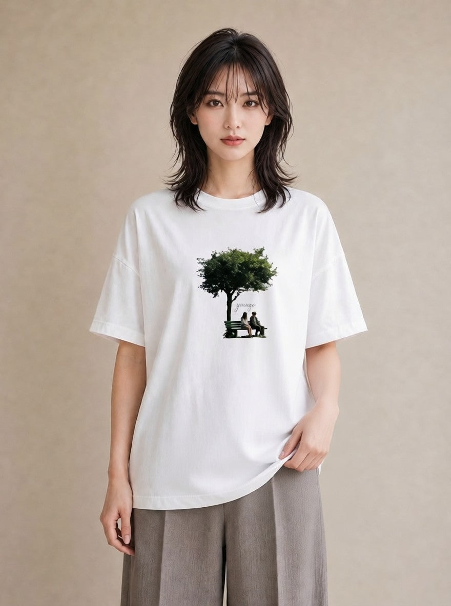 プリントTシャツ レディース 雨上がりのベンチ ベンチ ナチュラル アンティーク イラスト 水彩風 親子 20代 白T