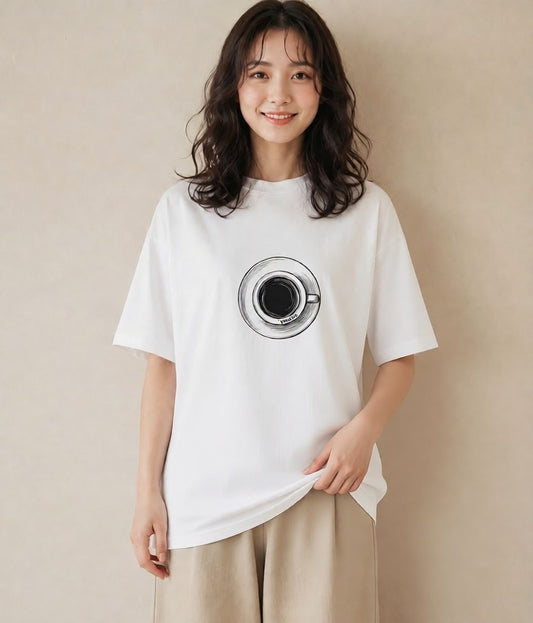 デザインTシャツ レディース コーヒー カフェ 珈琲 イラスト 線画 買い物 夏コーデ 白T