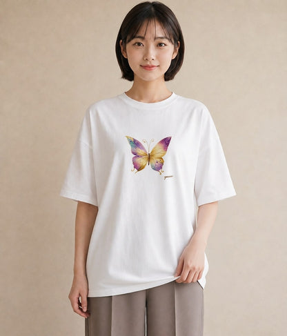 プリントTシャツ レディース ちょうちょ 蝶 バタフライ 昆虫 虫 イラスト きれいめ ホワイトデー 春服 白T