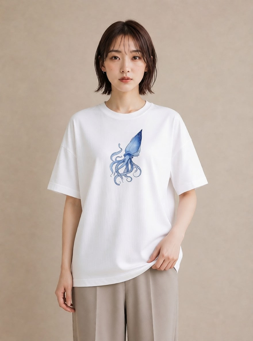 プリントTシャツ レディース タコ 海の生き物 海 イラスト モード 普段着 週末コーデ 白T