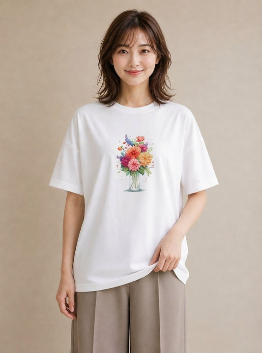 Tシャツ レディース ポスト 野の花 レトロ ナチュラル アンティーク イラスト 淡色 カフェ服 クリスマス 白T