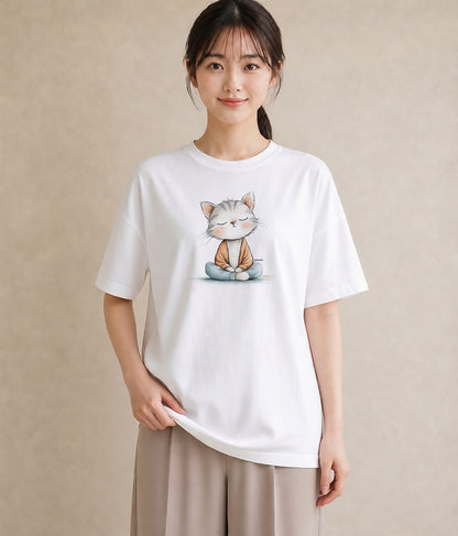 プリントTシャツ レディース おすわり猫 猫 ねこ イラスト ゆるコーデ ルームウェア ギフト 白T
