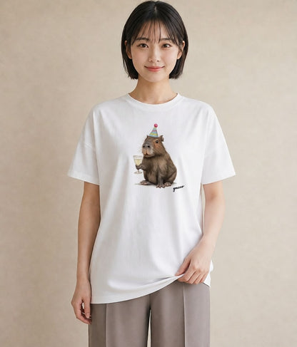 Tシャツ レディース モルモット ペット 動物 イラスト ヴィンテージ風 レイヤード 友達ギフト 白T