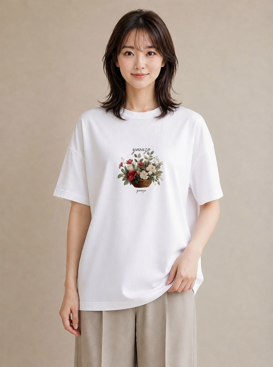 半袖Tシャツ レディース 自転車のかご 自転車 花かご ナチュラル アンティーク イラスト 抜け感 母娘コーデ 自分用 白T