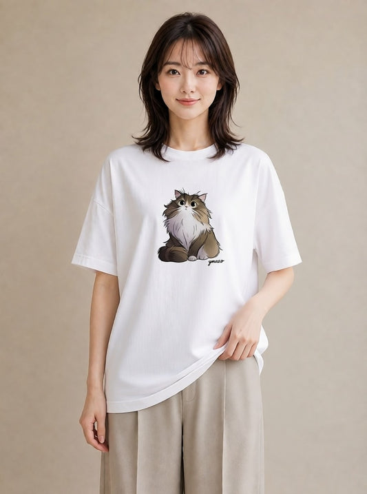 グラフィックTシャツ レディース 猫 ねこ イラスト 休日コーデ ミセス 春コーデ 白T