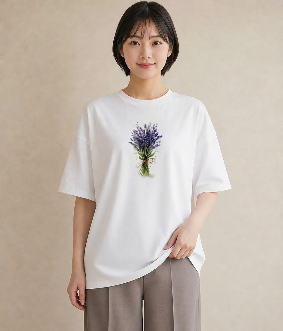 半袖Tシャツ レディース ラベンダー 花 花柄 イラスト フェミニン デート 帰省 白T
