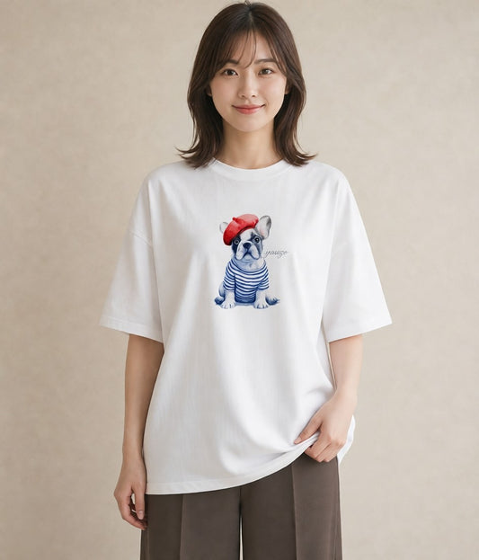 Tシャツ レディース フレンチブルドッグ フレブル 犬 いぬ イラスト カフェコーデ 送別ギフト 通勤 白T