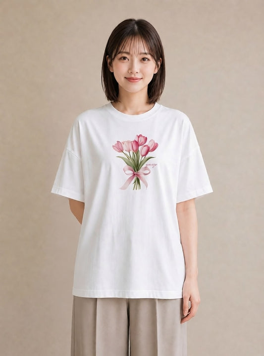半袖Tシャツ レディース チューリップ 花 花柄 イラスト ニュアンス ママ カフェ服 白T