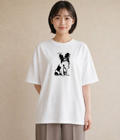 プリントTシャツ レディース パピヨン 犬 いぬ イラスト 線画 通学 誕生日プレゼント 白T