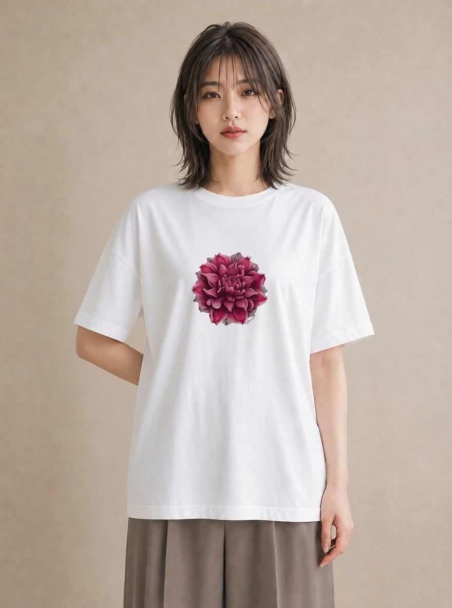 プリントTシャツ レディース 椿 花 花柄 イラスト レトロ ラフ レイヤード 白T