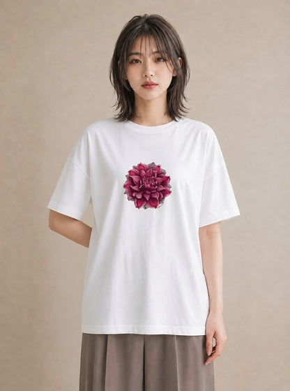 プリントTシャツ レディース 椿 花 花柄 イラスト レトロ ラフ レイヤード 白T