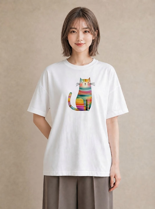 半袖Tシャツ レディース 猫好き 猫 ねこ イラスト 線画 休日 ペアコーデ 白T