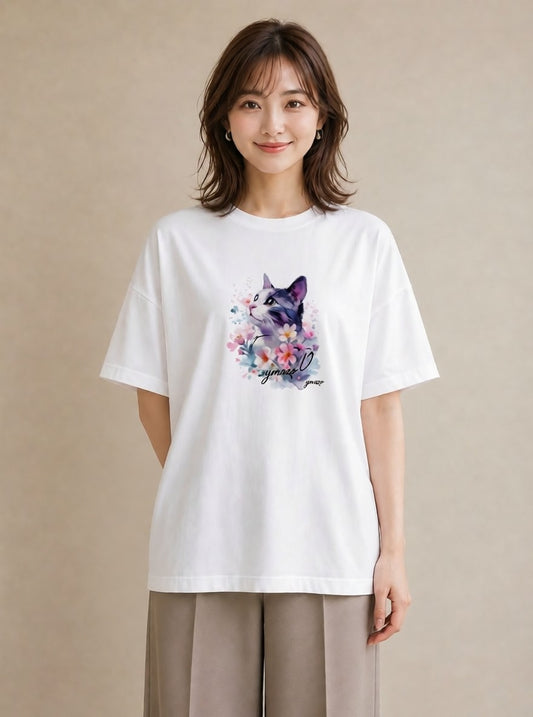 半袖Tシャツ レディース ペルシャ 猫 ねこ イラスト 個性的 カフェ服 クリスマス 白T
