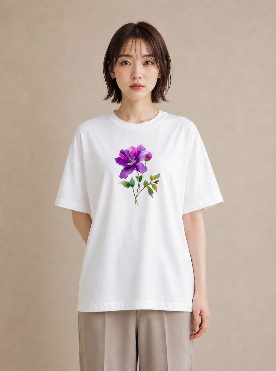 Tシャツ レディース パンジー 花 花柄 イラスト きれいめカジュアル 休日 ペアコーデ 白T