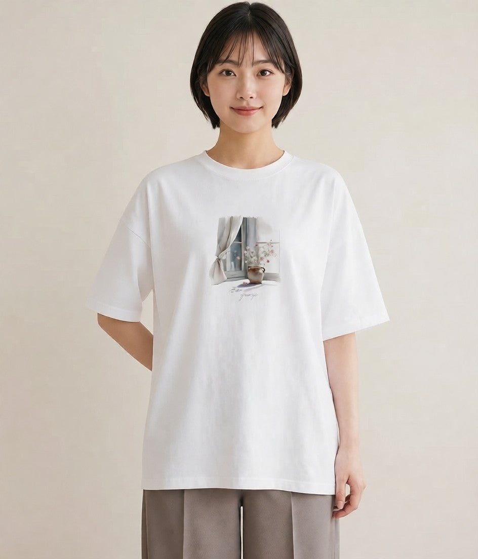 グラフィックTシャツ レディース 夕暮れ バルコニー 夕焼け ナチュラル アンティーク イラスト 韓国風 綿100 デート 白T