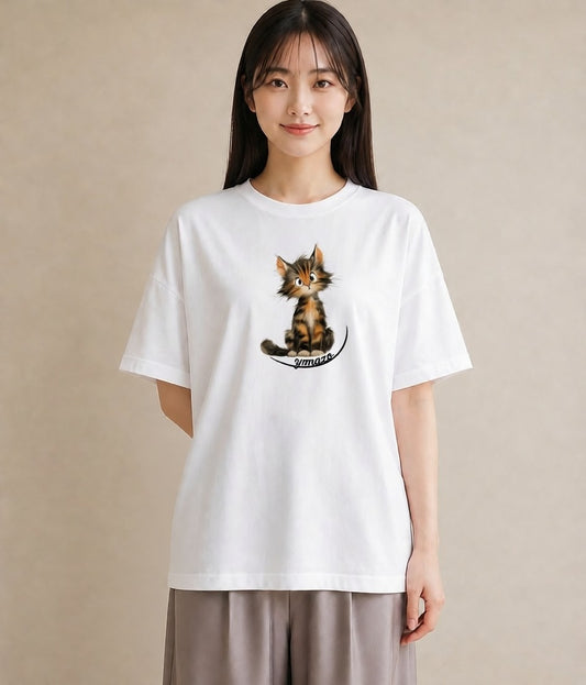デザインTシャツ レディース サバトラ 猫 ねこ イラスト ラフ 海 カフェ巡り 白T