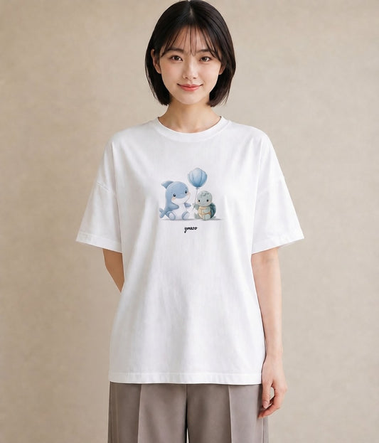 Tシャツ レディース イルカ 海の生き物 海 イラスト フェミニン 部屋着 女性向けギフト 白T