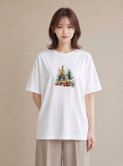 プリントTシャツ レディース 森 植物 ボタニカル イラスト ガーリー 買い物 夏コーデ 白T