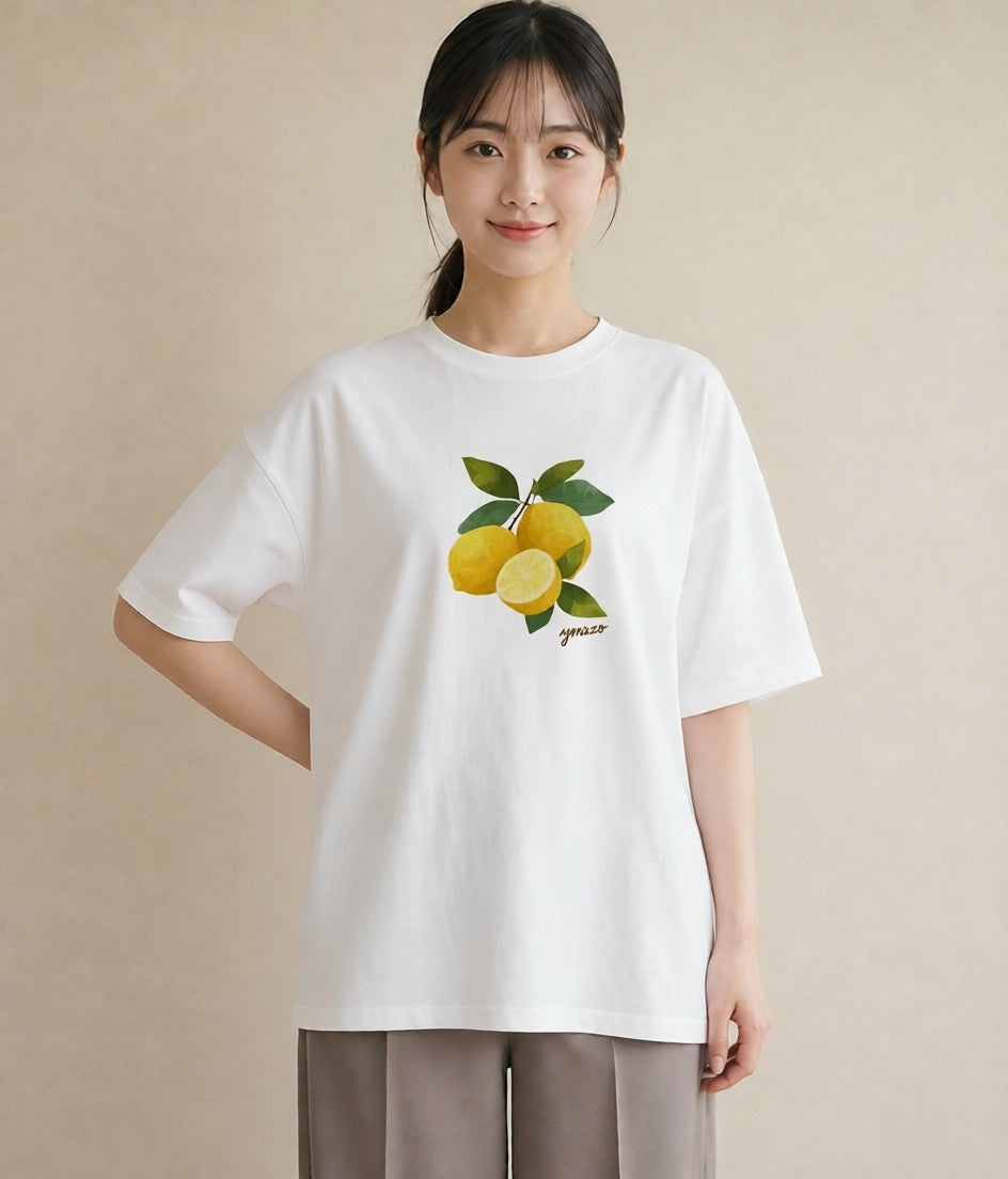 半袖Tシャツ レディース レモン 檸檬 食べ物 フード イラスト モード 送別ギフト 通勤 白T