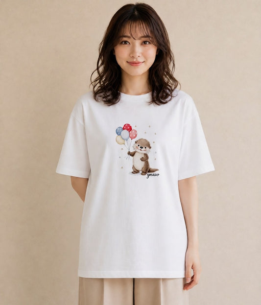デザインTシャツ レディース ラッコ 動物 アニマル イラスト 線画 買い物 夏コーデ 白T