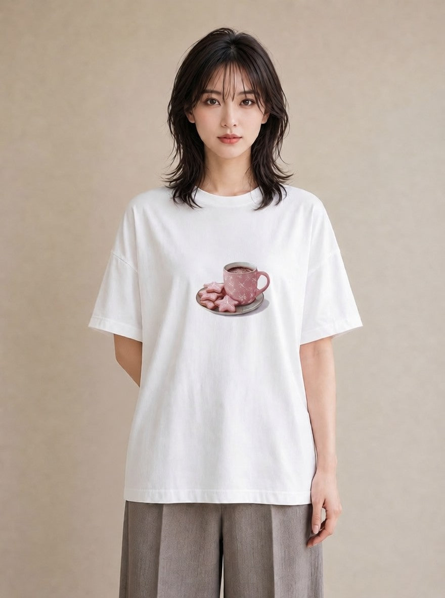 半袖Tシャツ レディース ココア 食べ物 フード イラスト ミセス 春コーデ 白T