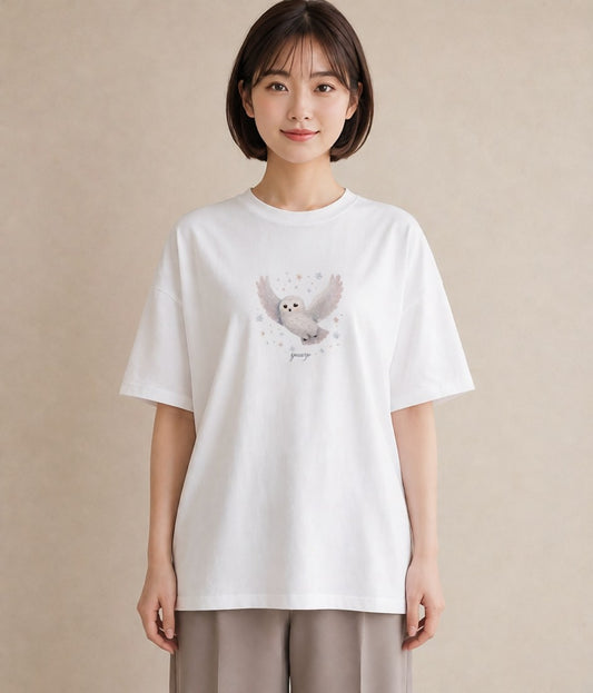 Tシャツ レディース フクロウ 動物 アニマル イラスト 個性的 親子 20代 白T