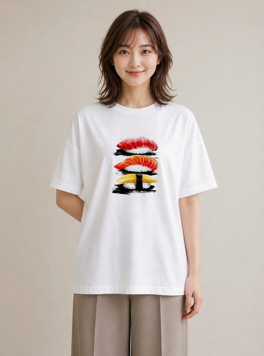 Tシャツ レディース お寿司 食べ物 フード イラスト ラフカジュアル 海 カフェ巡り 白T