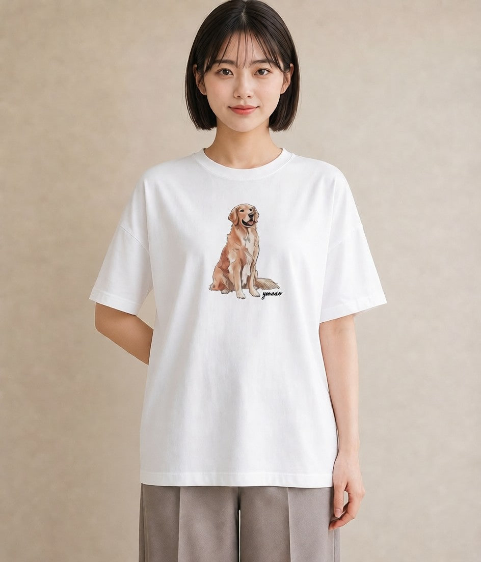 デザインTシャツ レディース ゴールデンレトリバー ゴールデン 犬 いぬ イラスト ラフカジュアル ペアコーデ 秋コーデ 白T