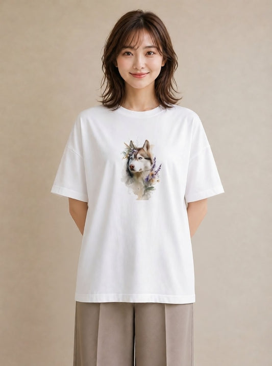 Tシャツ レディース シベリアンハスキー 犬 いぬ イラスト 休日コーデ 送別ギフト 通勤 白T